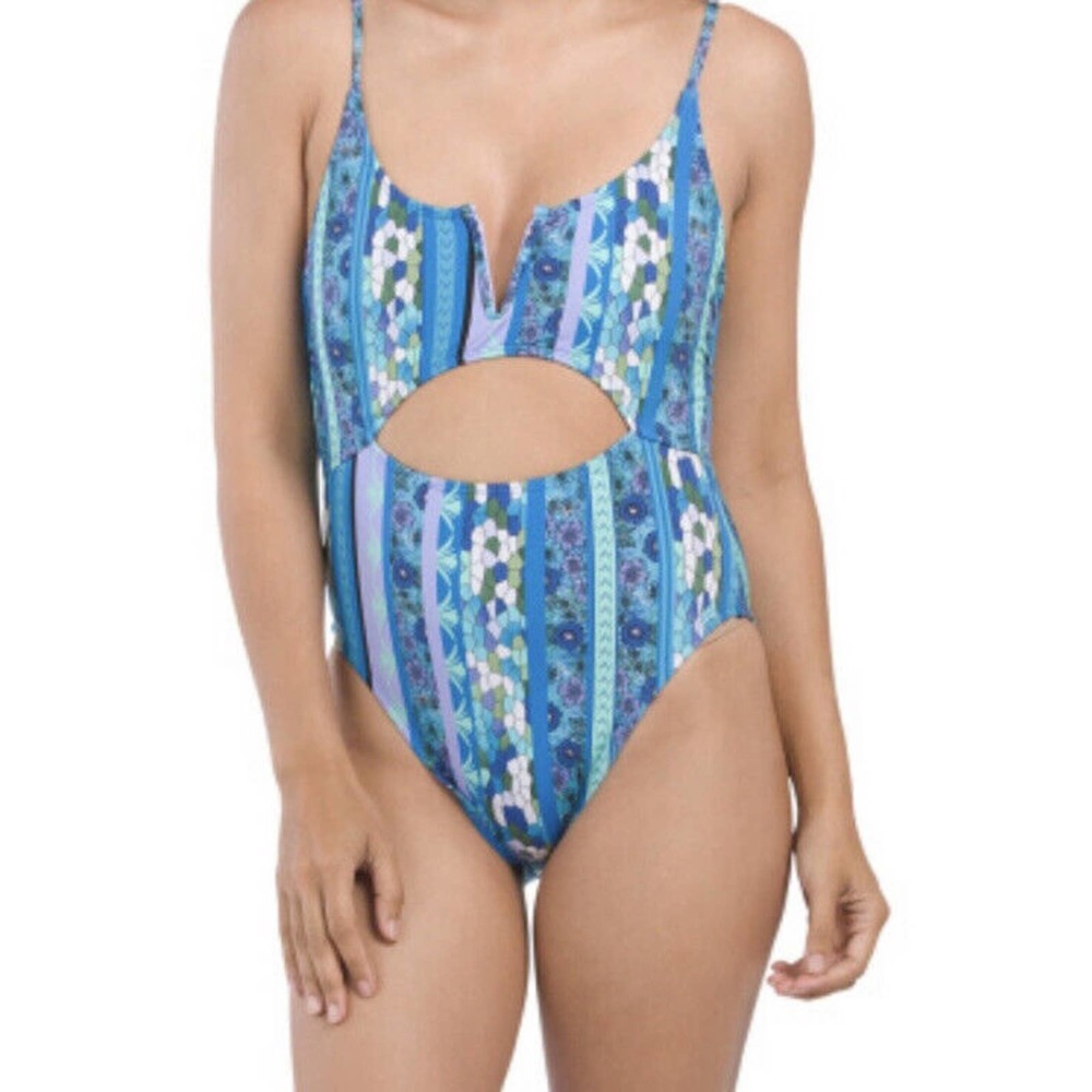 New Lucky Brand Womans Sz Medium Swimsuit One Piece Blue Floral Geometric NWT